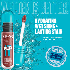 NYX Lip IV tecnología ruptura-agua aporta textura ligera y pigmentos.