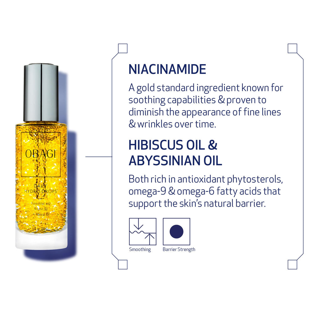 Obagi Daily Hydro-Drops Serum ingredientes clave: Niacinamida para tono uniforme y textura suave