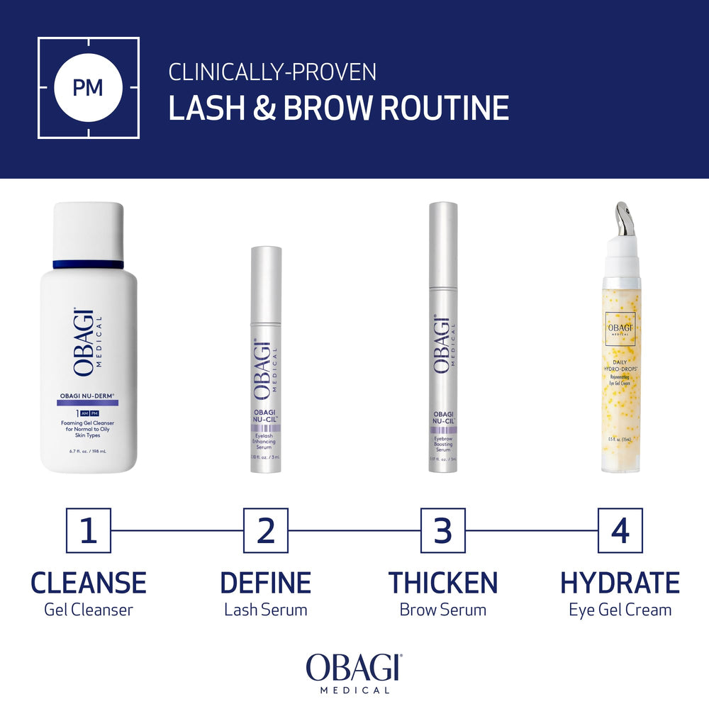 Aplicación suave de Obagi Nu-Cil Serum para cejas definidas.