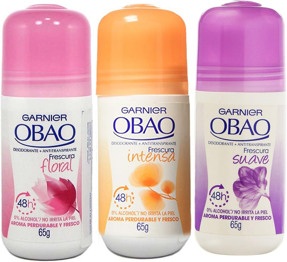 Desodorante Obao para mujer, paquete de 3 con aromas variados para frescura diaria.