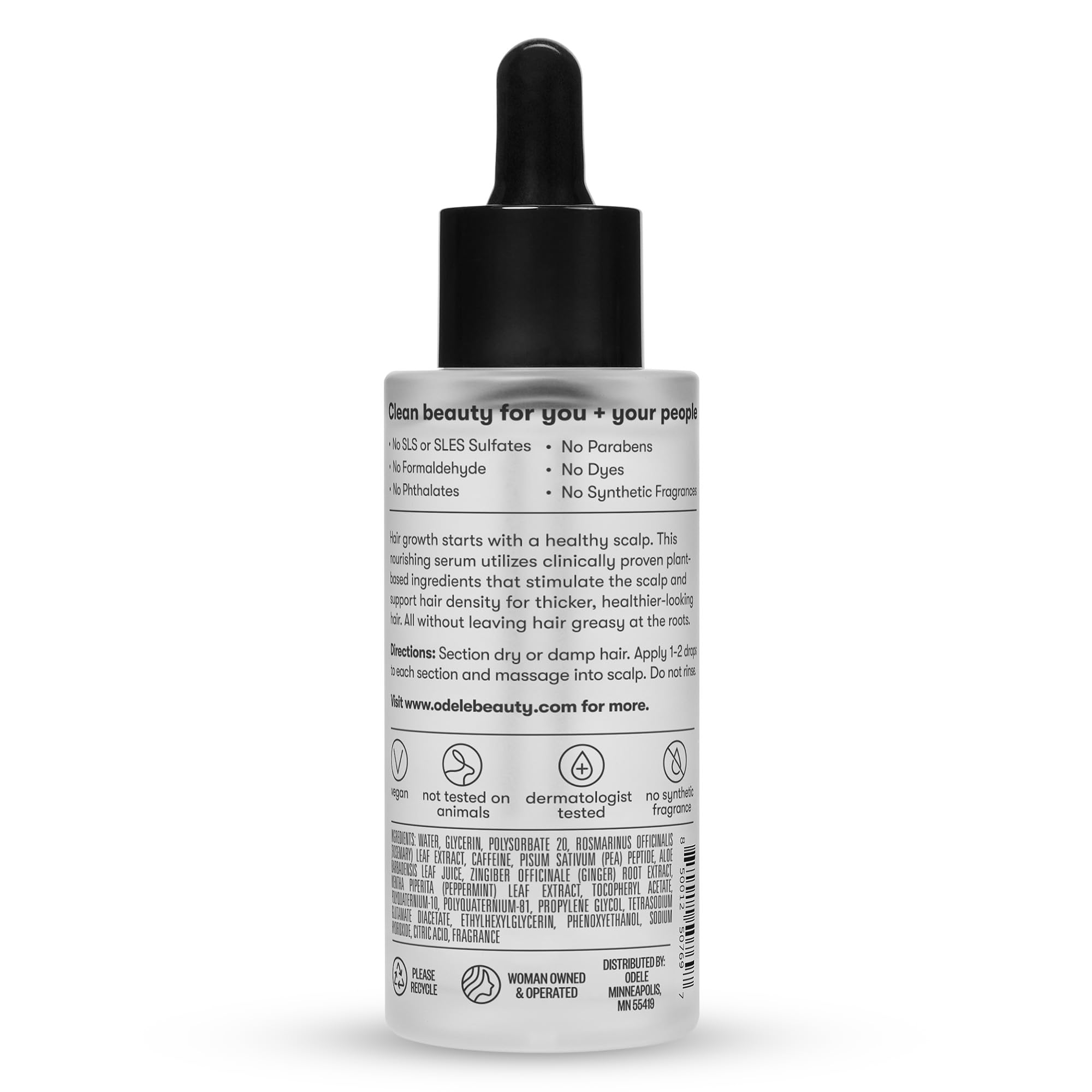 Odele Serum, enfoque en densidad capilar y cabello más abundante.