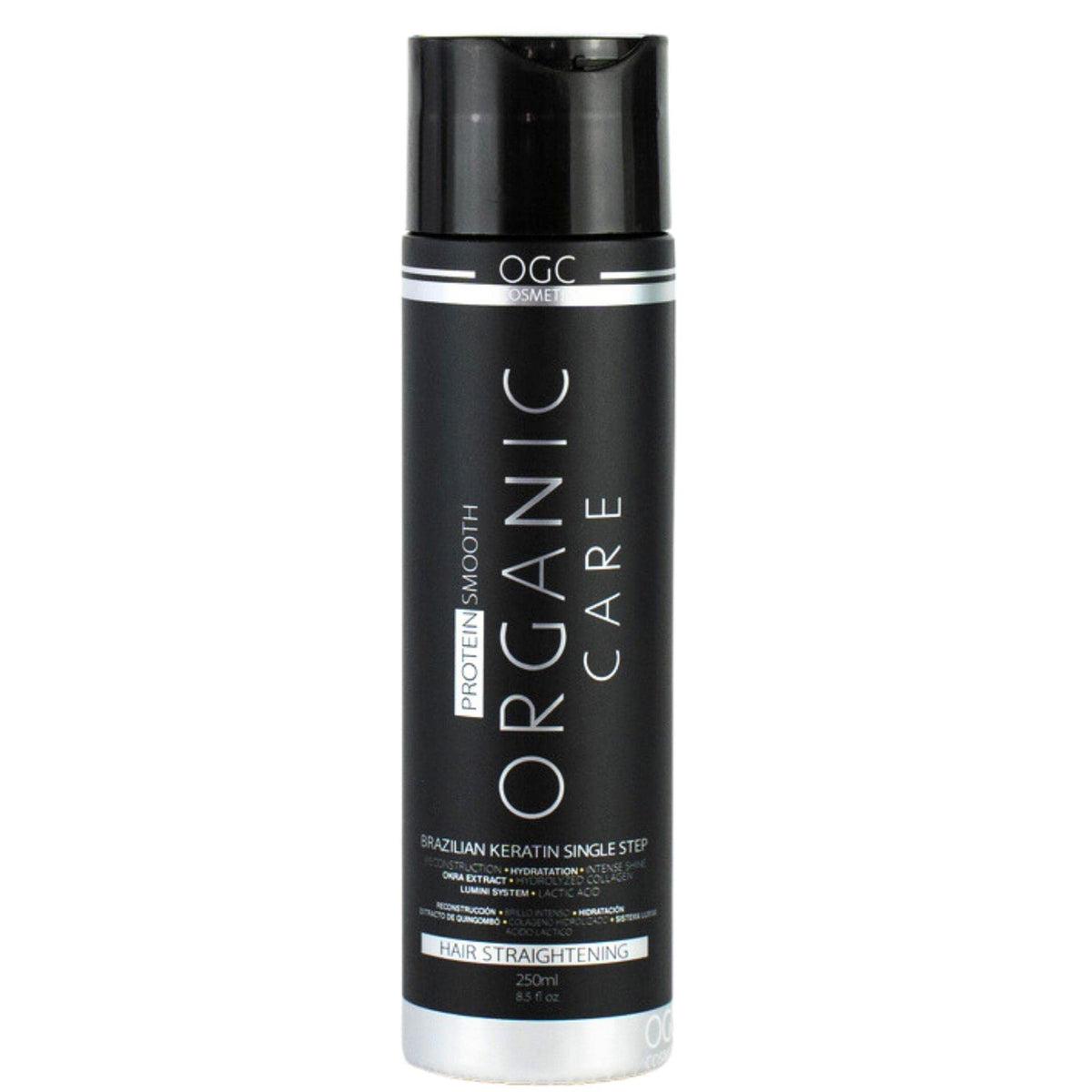 OGC Cosmetics tratamiento keratina brasileño, botella lista para un alisado suave y control del frizz.