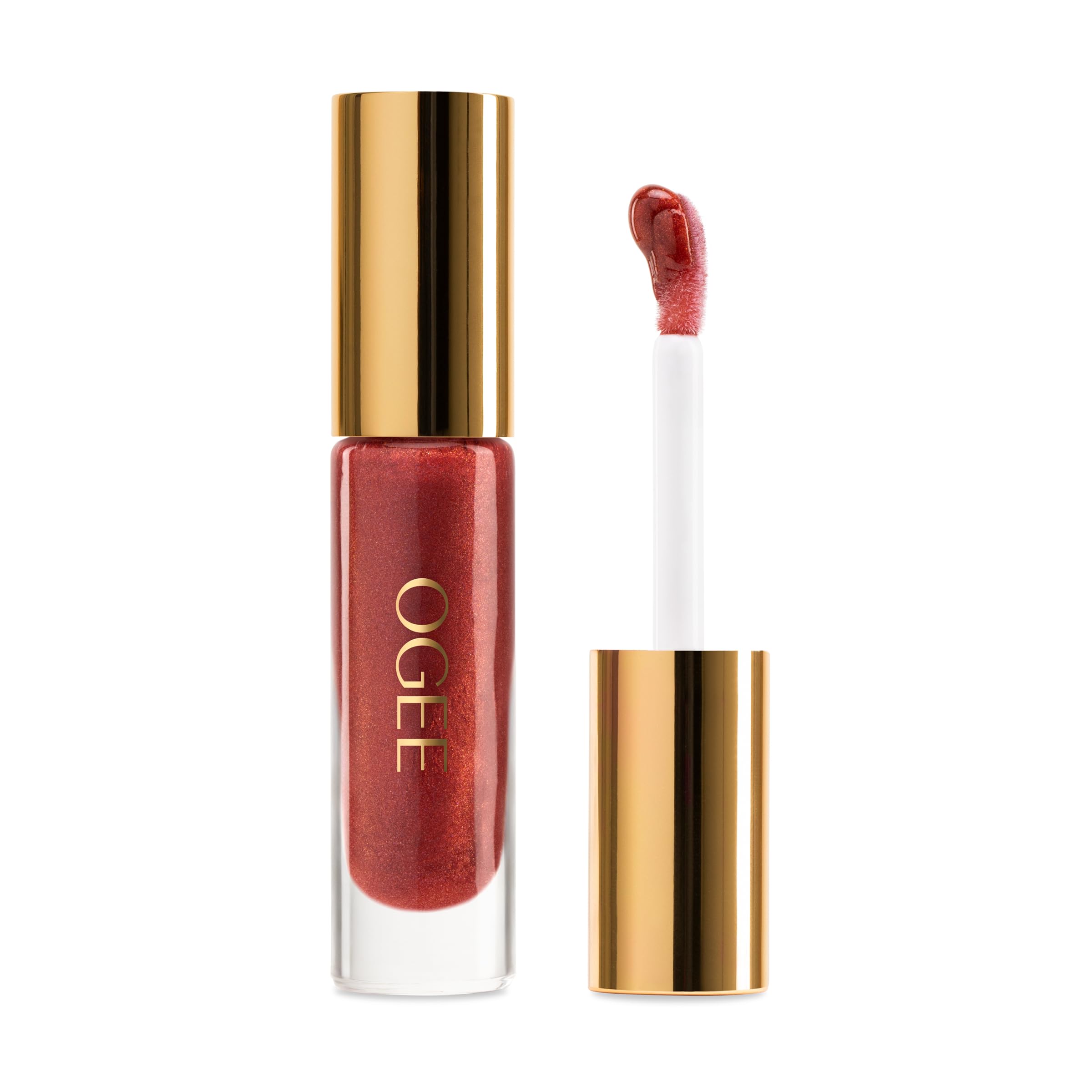 Ogee Beyond Clean Lip Gloss Anemone bottle swatch showing high‑shine color and hydration