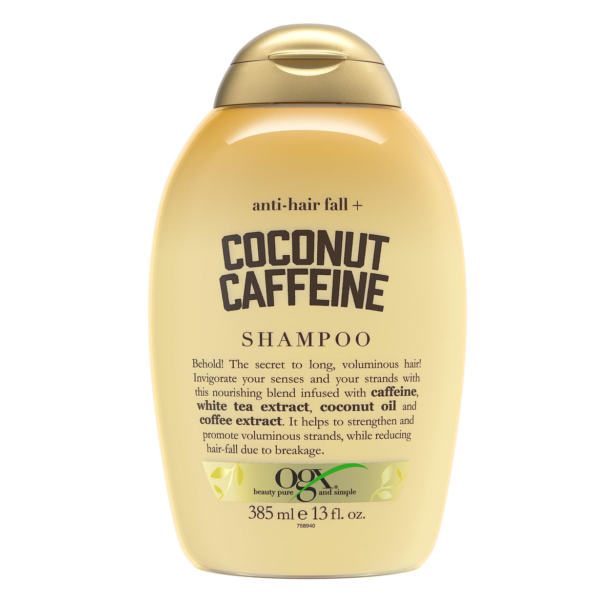 OGX botella cafeína coco: fortalecimiento inicial para el cabello.