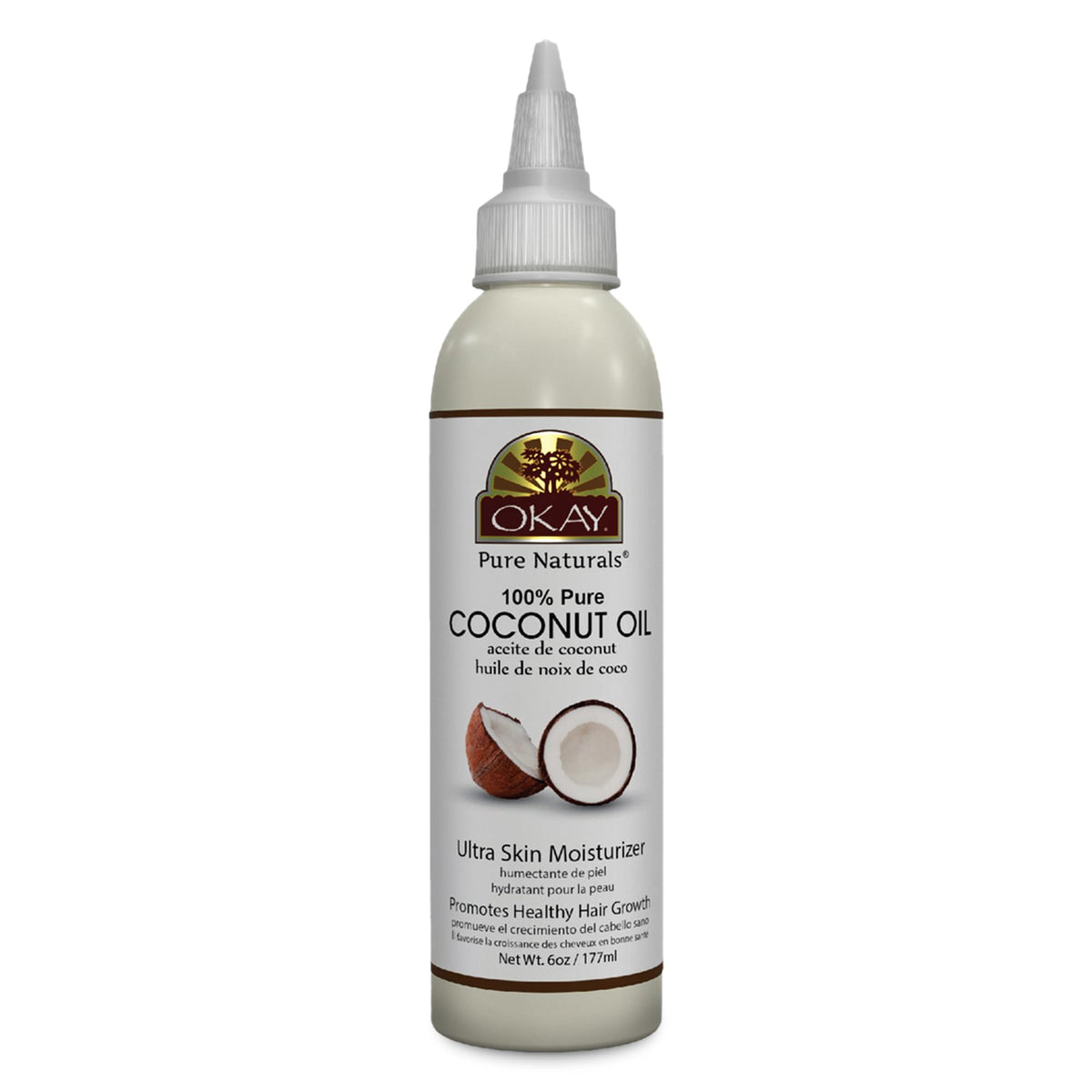 OKAY coconut oil bottle pour demonstrates easy application for versatile skincare and hair nourishment.