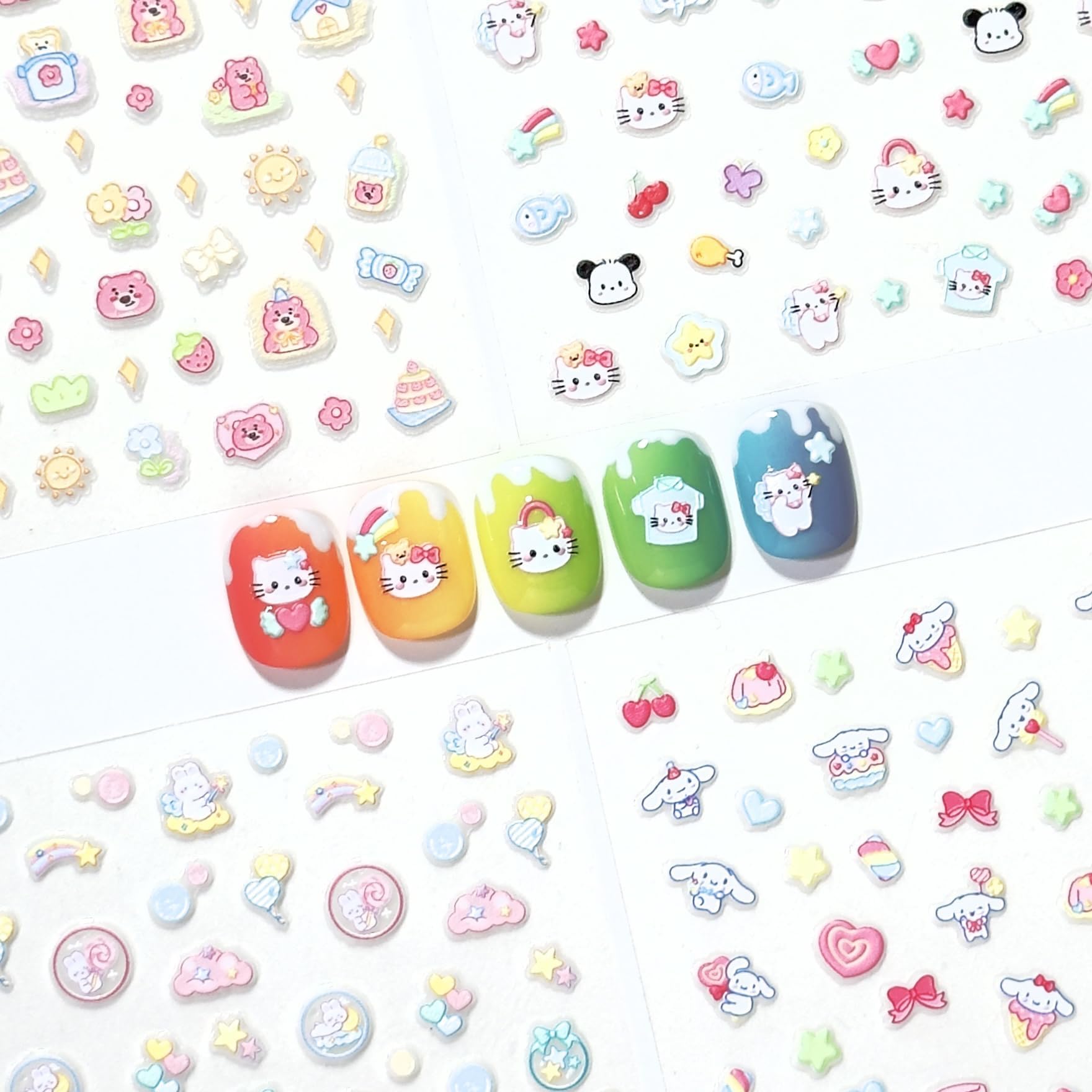 okiYomi pegatinas uñas 3D Gatito blanco con lazo, efecto tierno para uñas