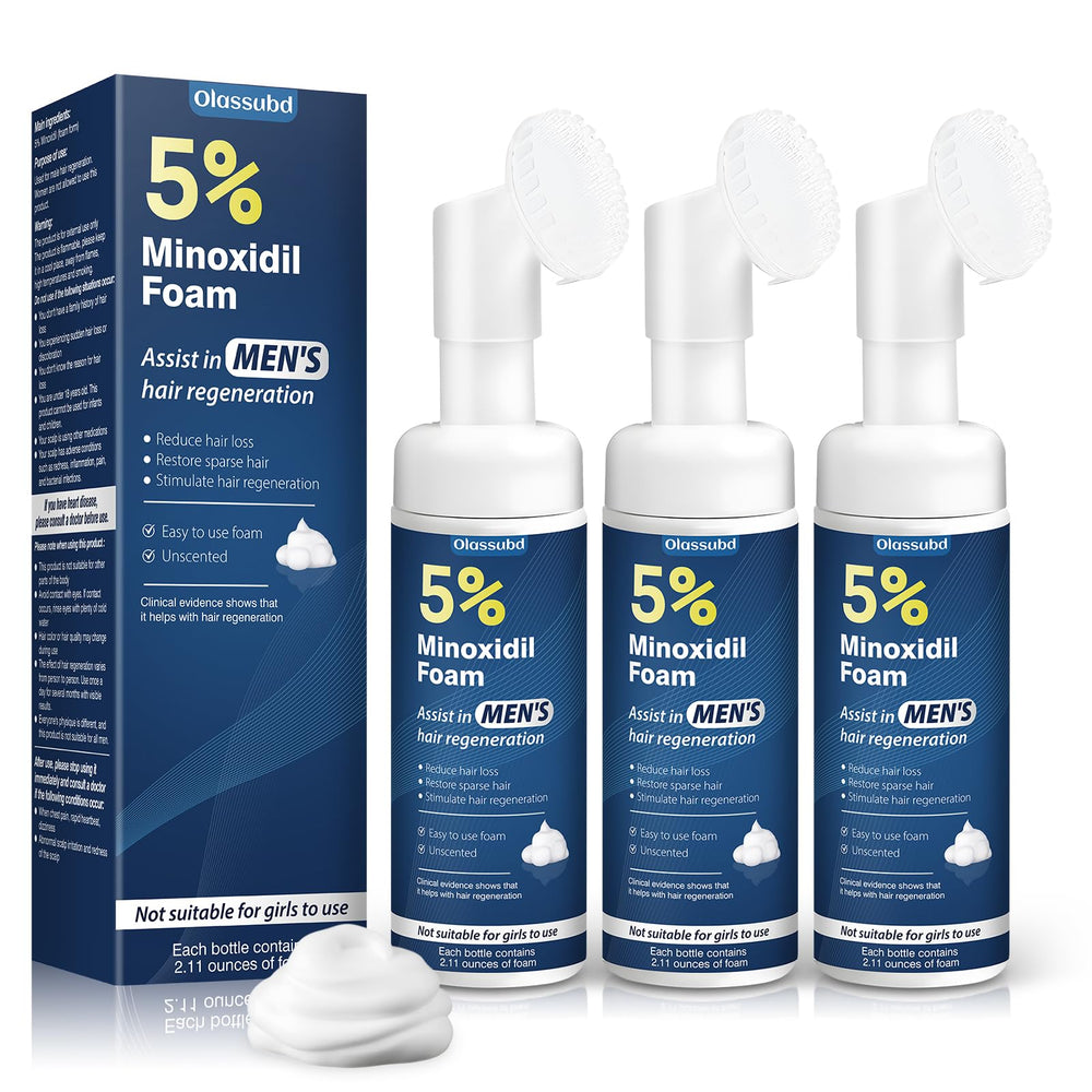Espuma Minoxidil Olassubd en bote, soporte para crecimiento capilar en hombres.