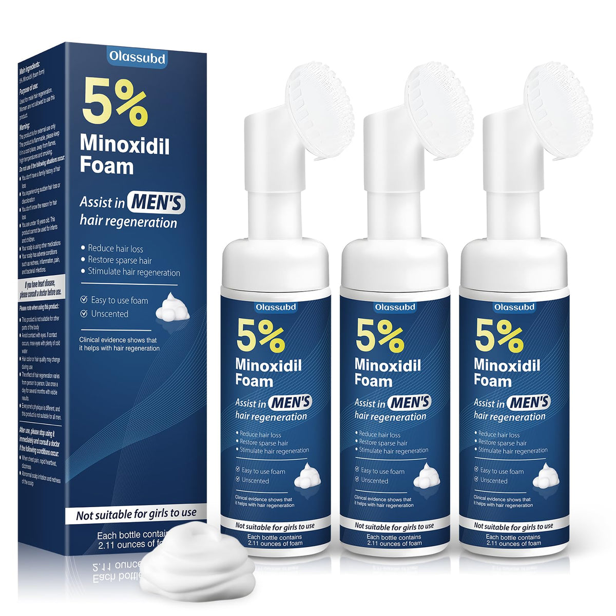 Espuma Minoxidil Olassubd en bote, soporte para crecimiento capilar en hombres.