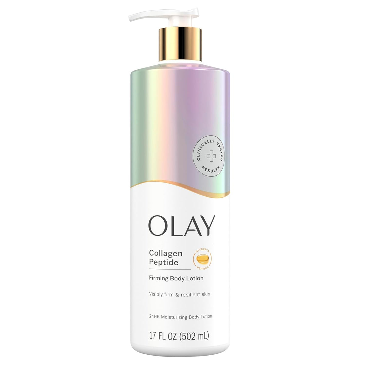 Loción corporal Olay con envase dispensador, mejora hidratación prolongada.