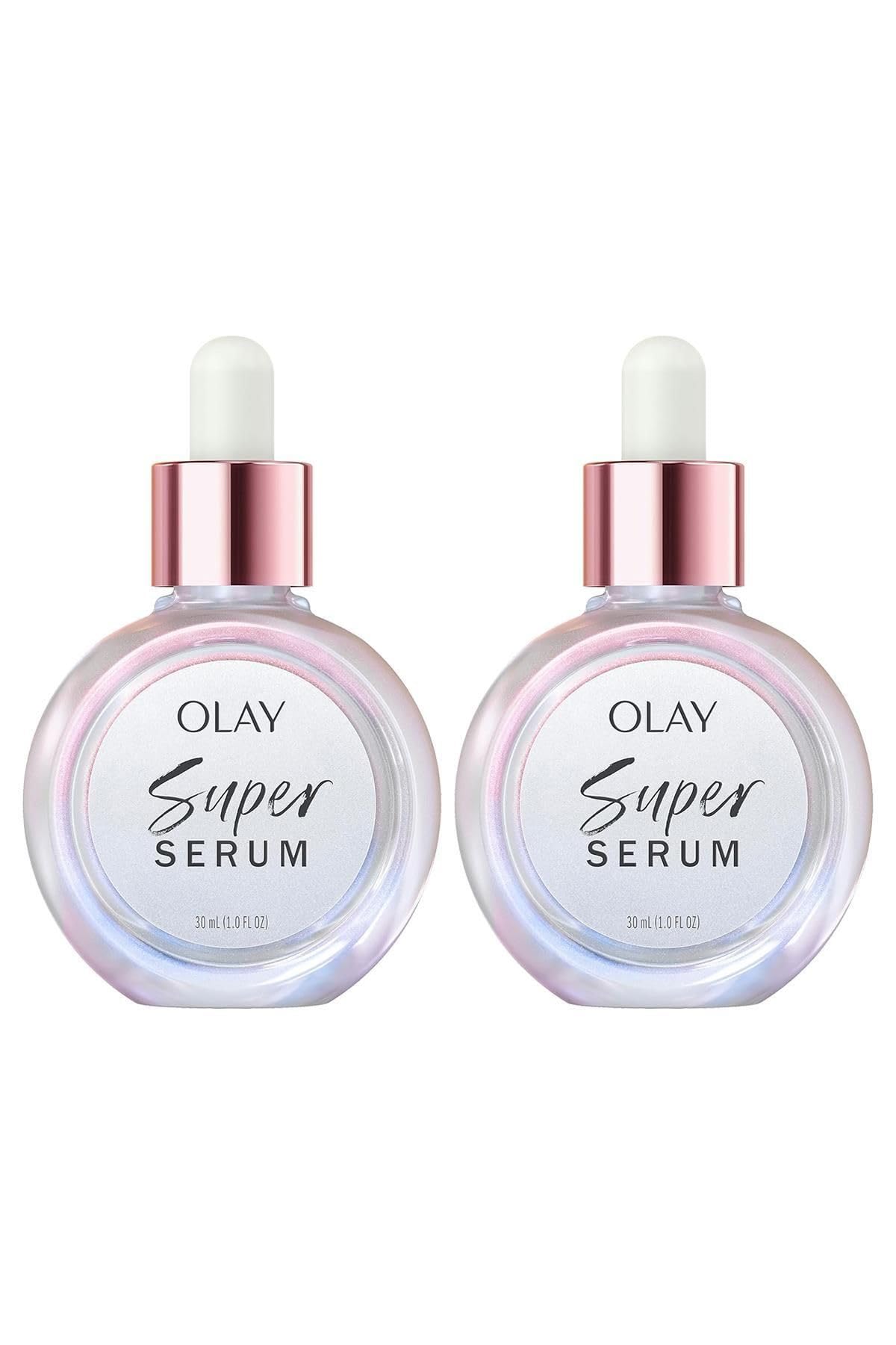 Olay Super Serum, flacon double-pack, hydratation longue durée pour peau douce.