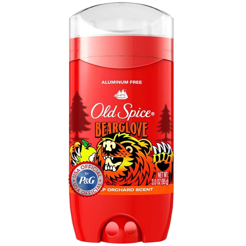 Old Spice Bearglove, vista frontal del empaque, presenta el pack de tres desodorantes para uso diario.