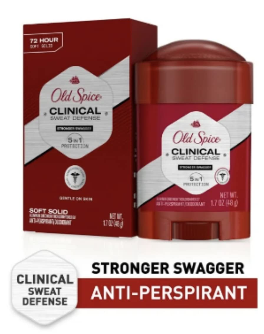 Old Spice Clinical Sweat Defense label indicates dermatologist-tested formulation.