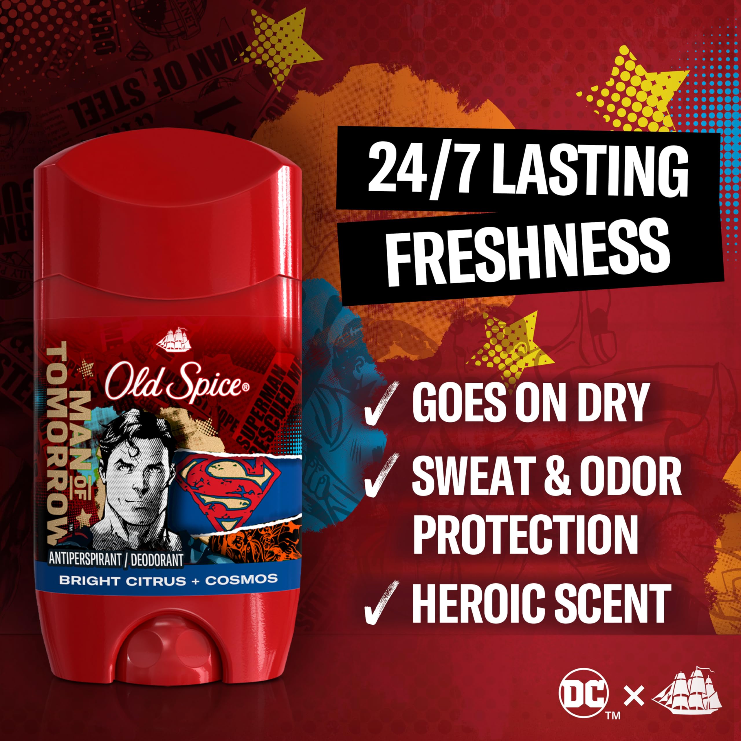 Old Spice Superman fragancia cítrica brillante y Cosmos para aroma duradero.