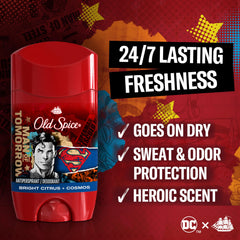 Old Spice Superman fragancia cítrica brillante y Cosmos para aroma duradero.