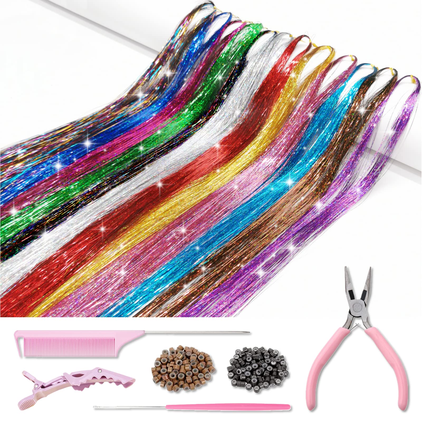 ONROCL kit tinsel pelo 12 colores 2400 hebras para peinados brillantes
