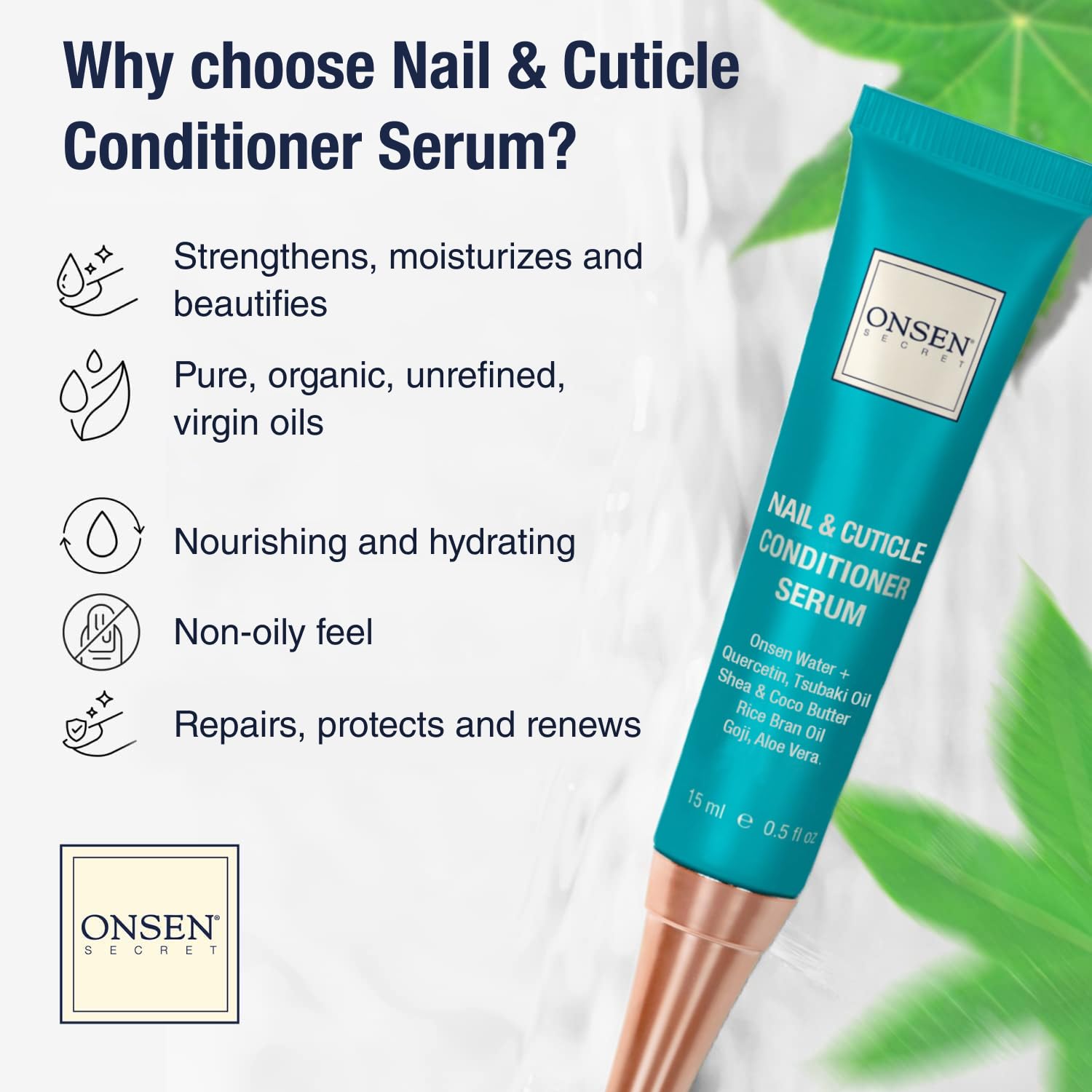 Serum de uñas Onsen Secret aporta brillo inmediato.