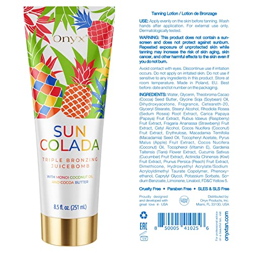 Onyx Suncolada: hydratation prolongée pour peau souple pendant le bronzage.