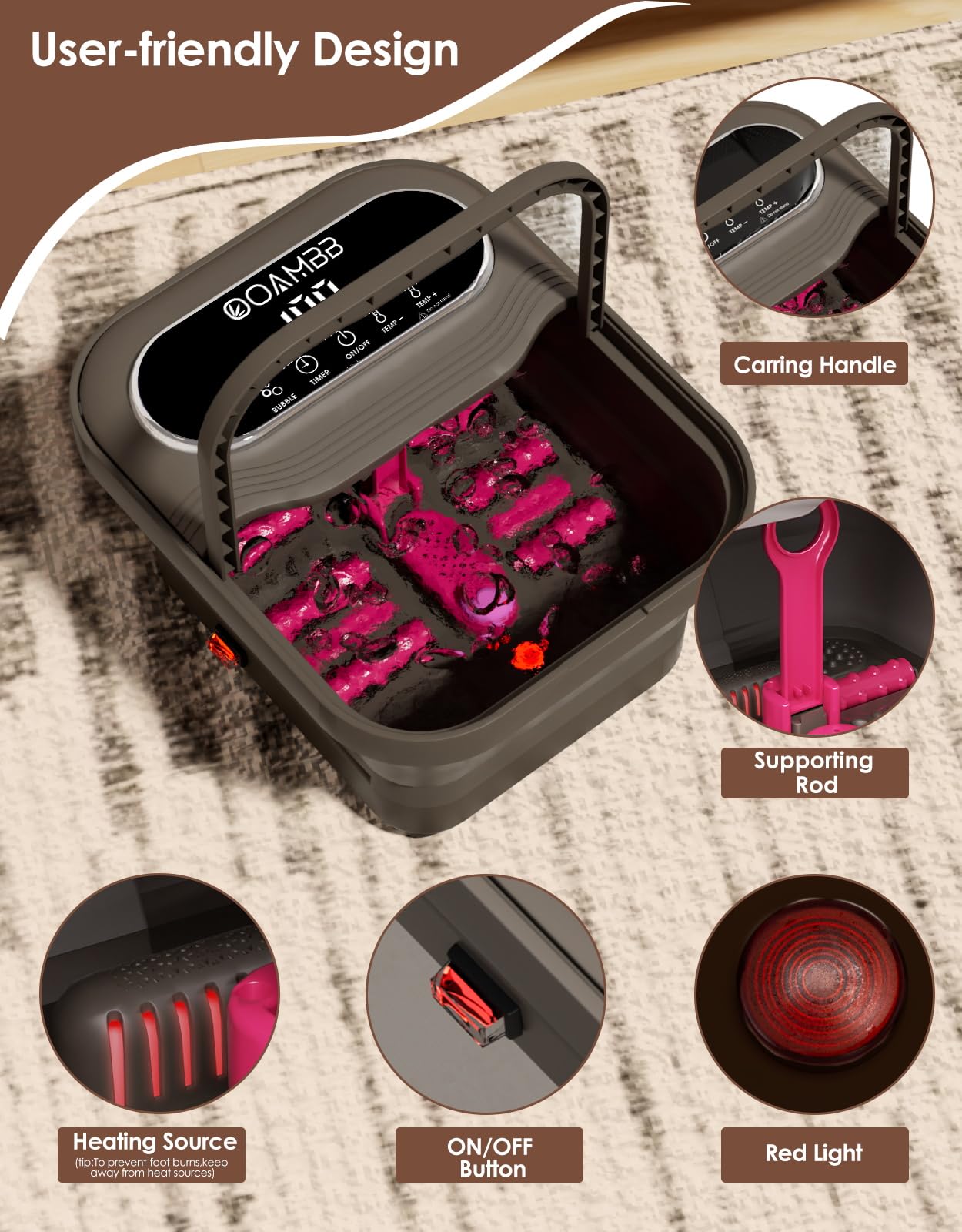 OOAMBB spa de pies con rodillos de masaje y piedra de pedicure removible