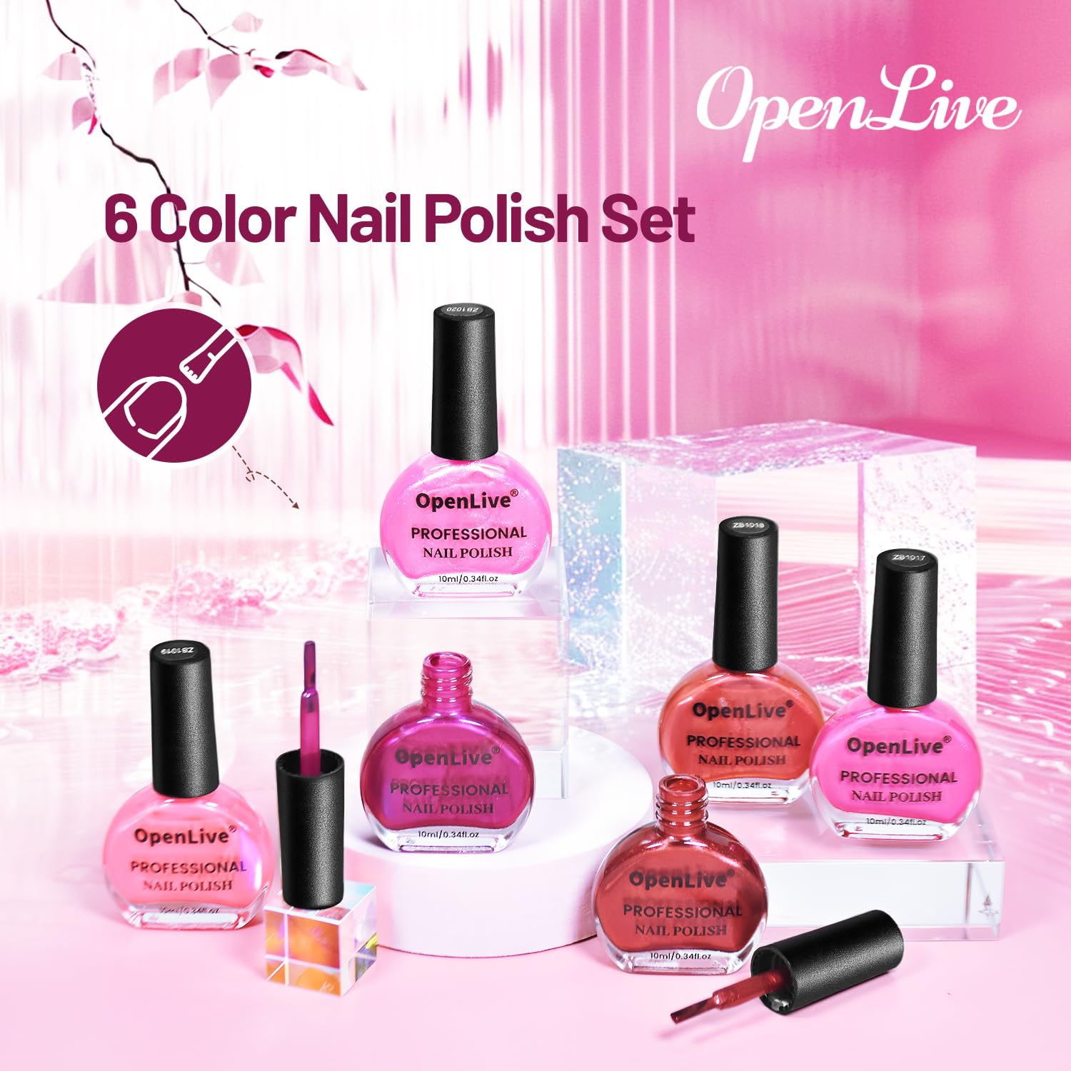 OpenLive: esmalte glitter rosa suave para uñas luminosas y sutiles.