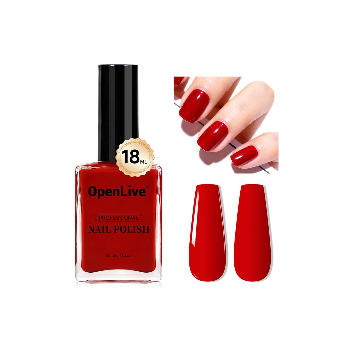 OpenLive esmalte rojo 18ml, botella con brillo para uñas elegantes.