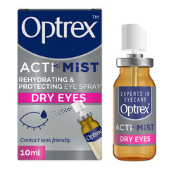 Optrex ActiMist, botella de 10 ml para hidratación rápida de ojos.