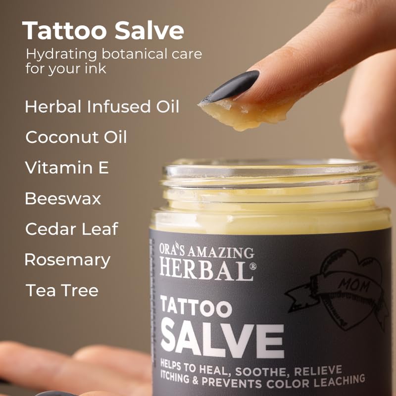 Ingredientes herbales orgánicos de Ora's Amazing Herbal Tattoo Salve.