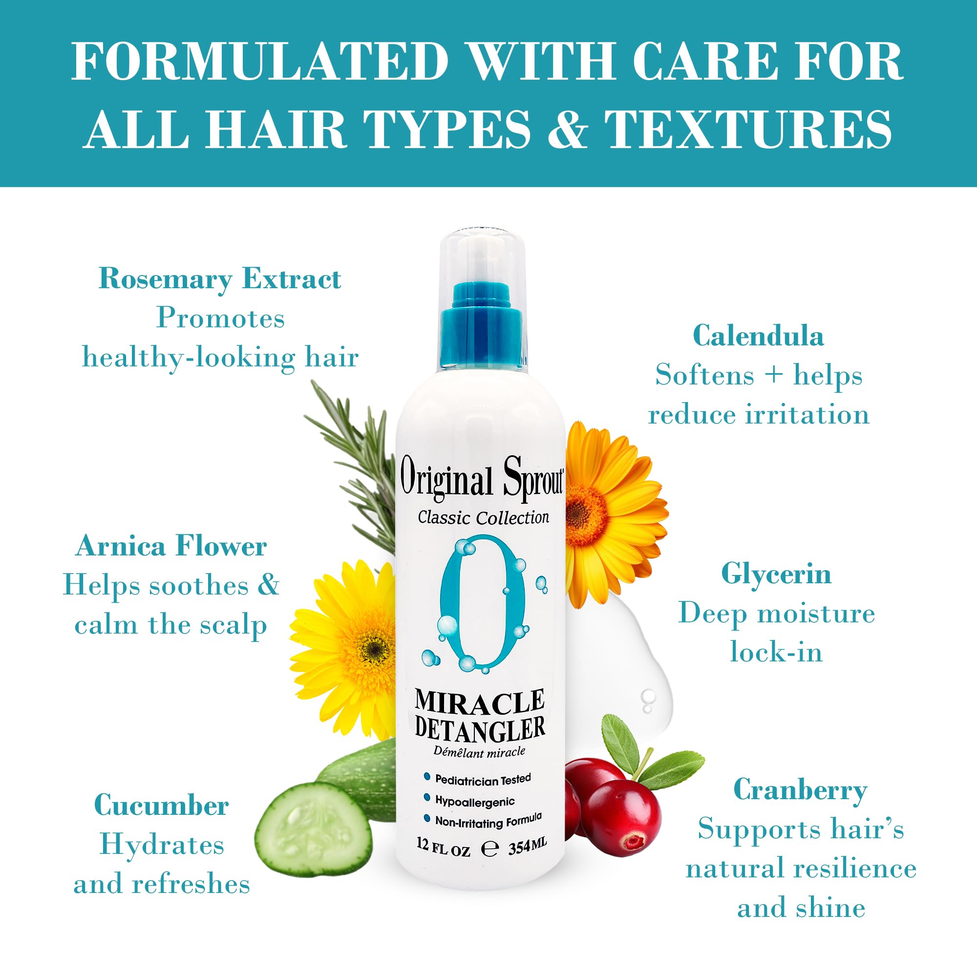 Original Sprout Miracle Detangler: ingredientes de calendula y romero, con pH suave.