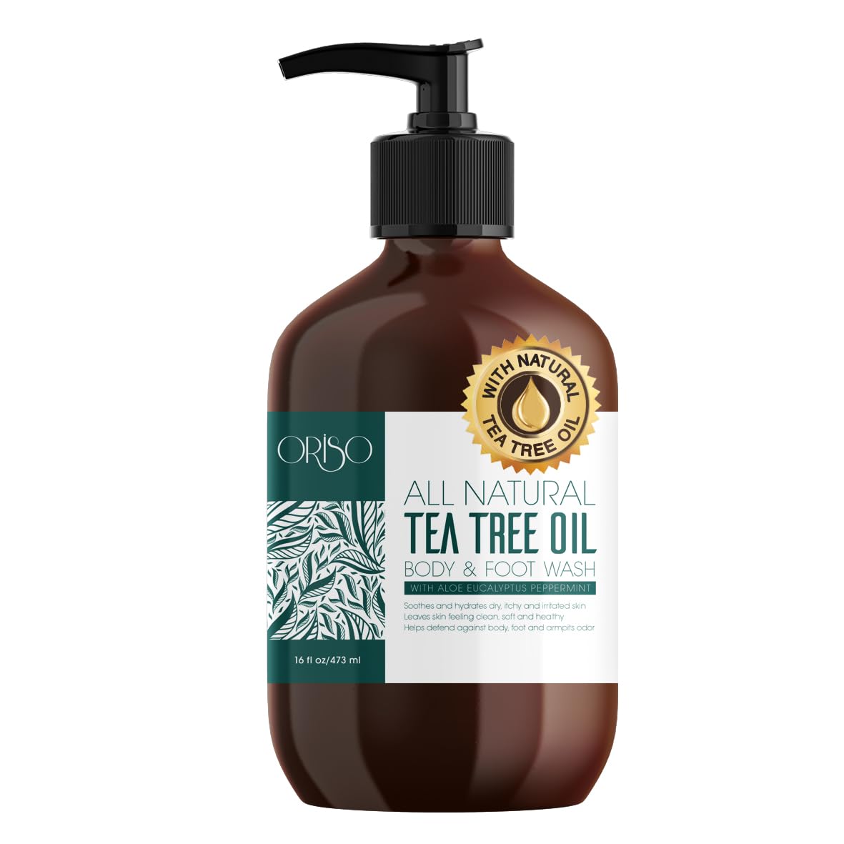 ORISO Tea Tree Oil Body Wash en botella, limpieza suave para piel sensible.