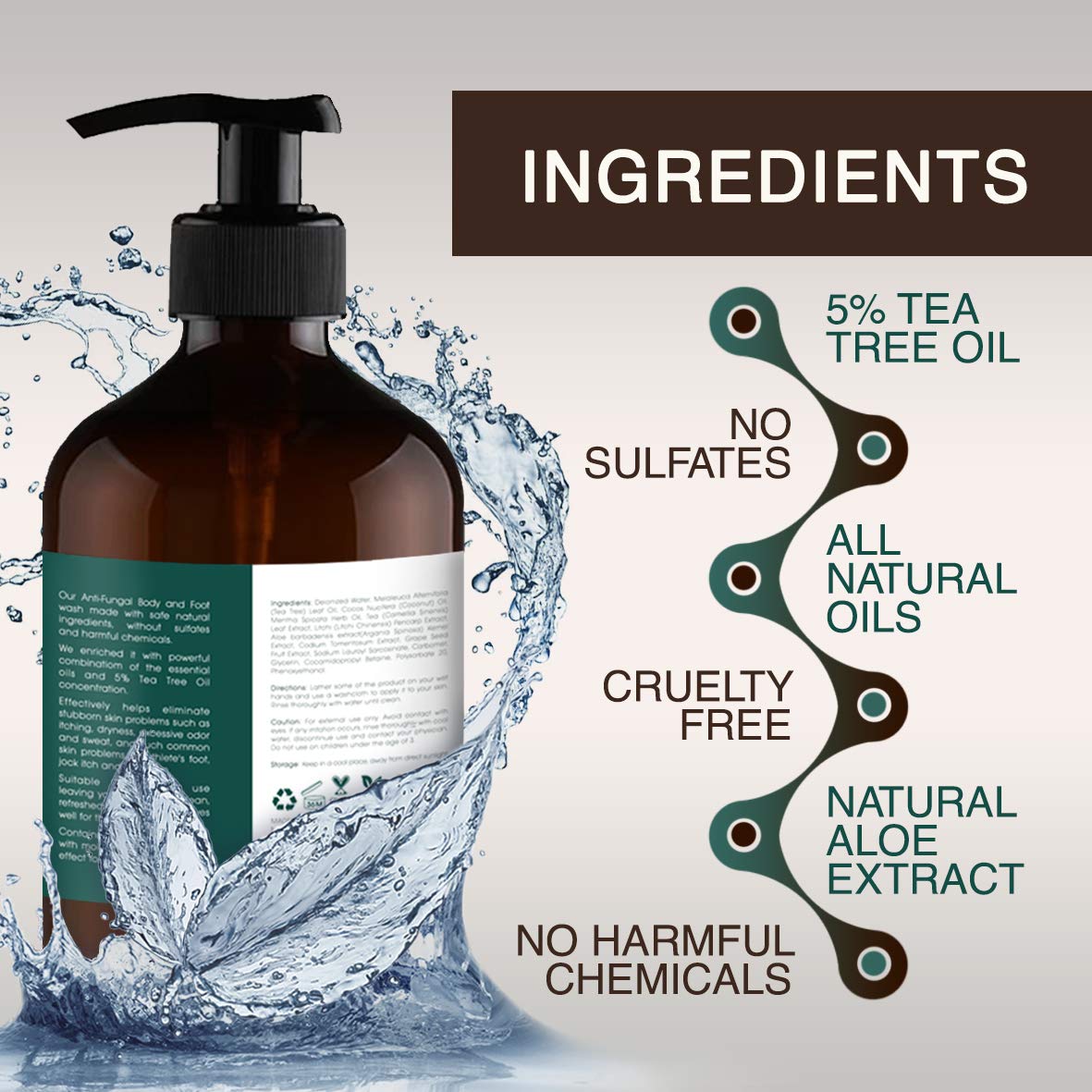 ORISO Tea Tree Oil Body Wash etiqueta destaca ingredientes naturales para el cuidado diario.