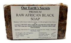 Our Earth's Secrets raw African Black Soap bar close-up for natural cleansing benefits