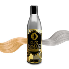 OURO Champú Tonificante, botella con brillo suave que realza rubio y evita tonos amarillentos.