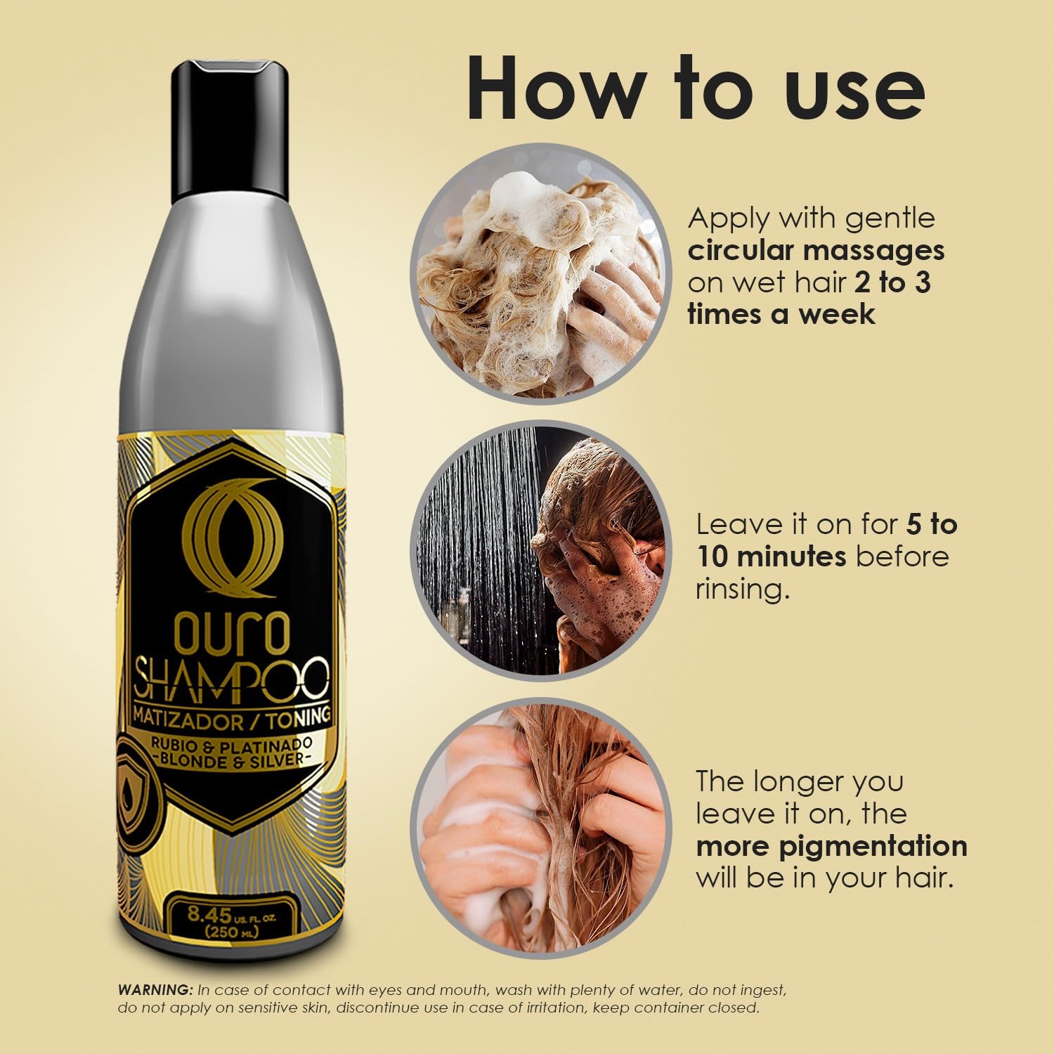 OURO Champú Tonificante, tratamiento que ayuda a neutralizar tonos amarillos en canas.