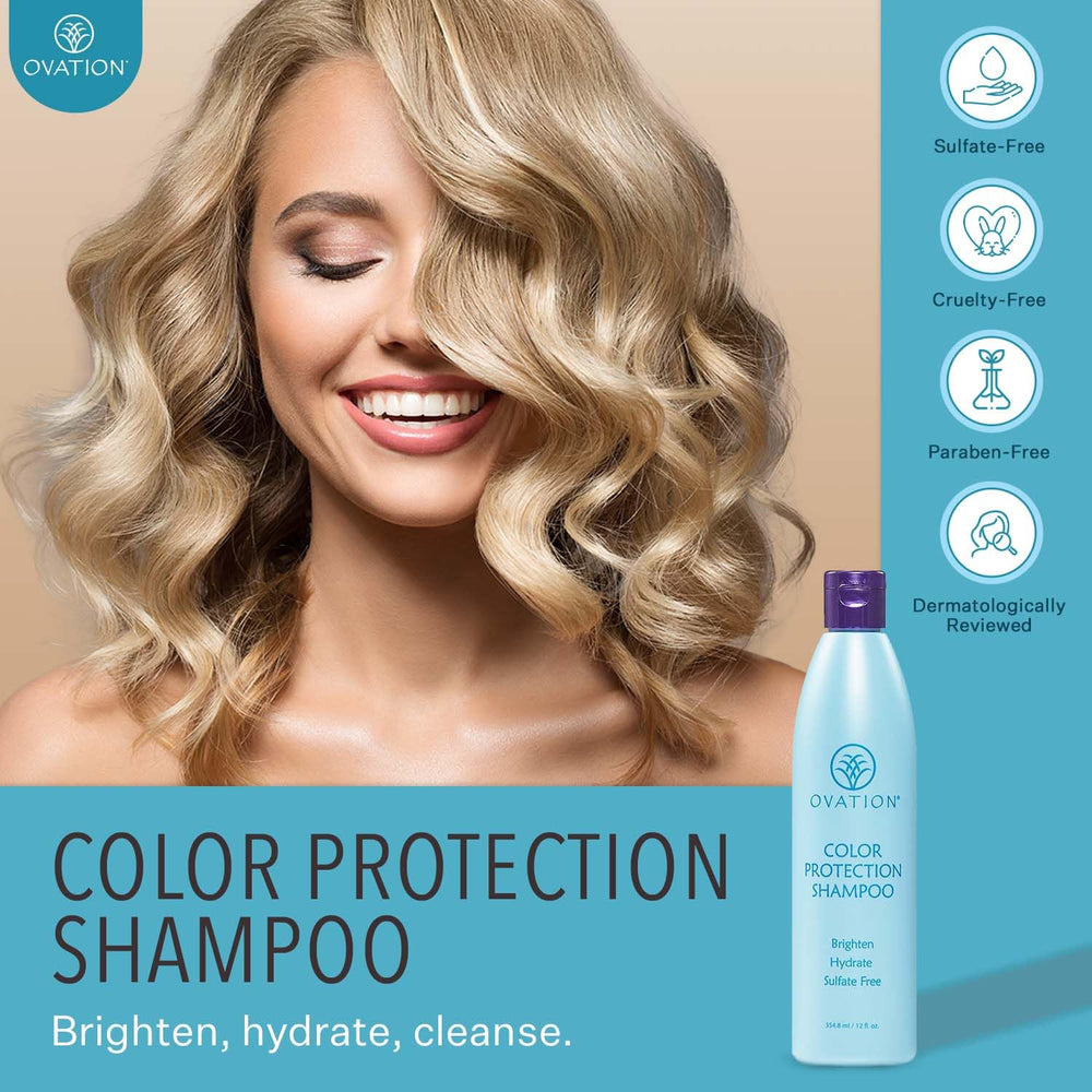 Ovation Color Protection Champú, etiqueta visible, fórmula suave sin parabenos ni sulfatos.
