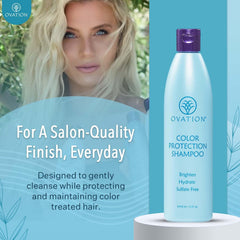 Ovation Color Protection Champú, textura cremosa lista para aplicar en cabello teñido.