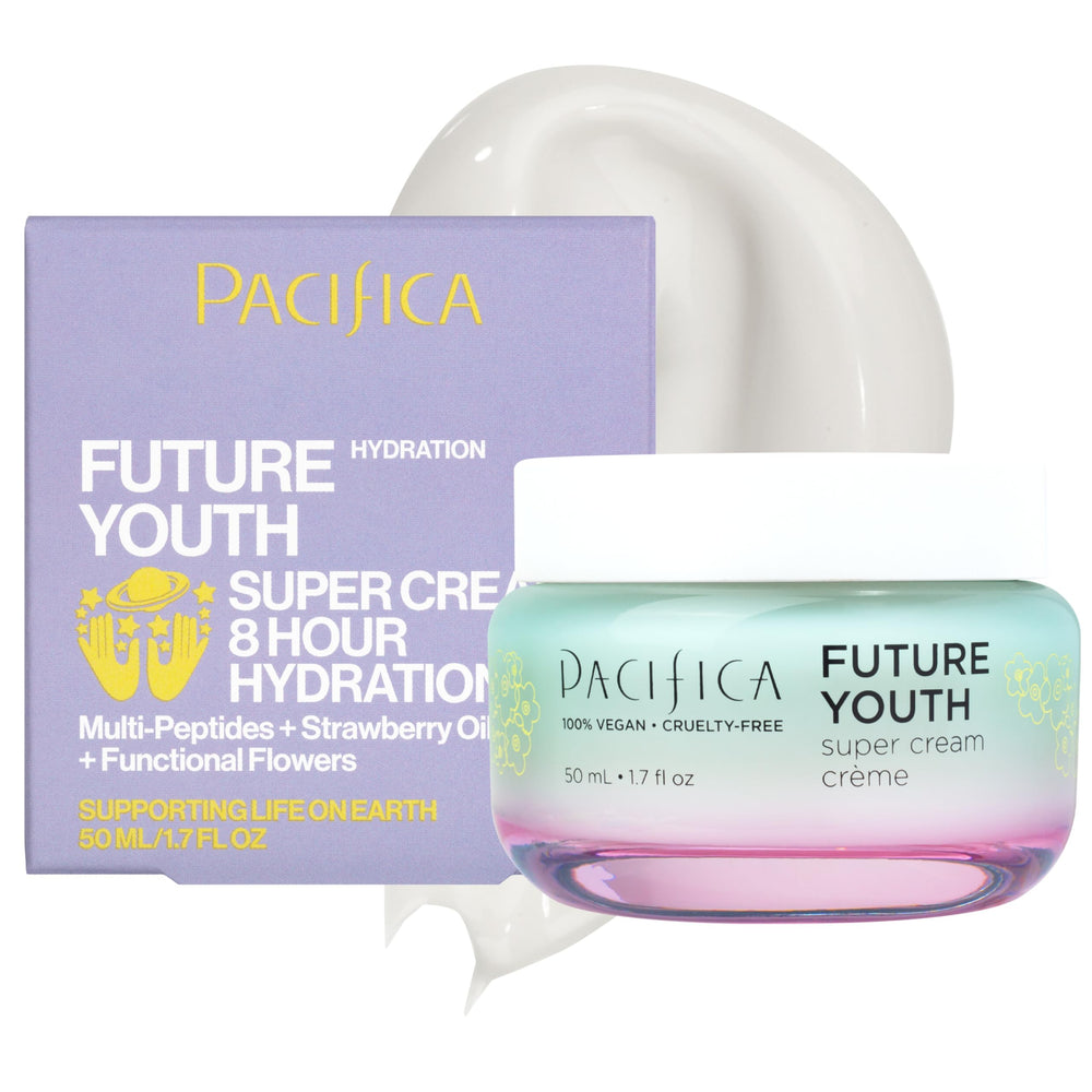 Pacifica Future Youth Super Cream bottle front showing vegan packaging for daily anti aging care