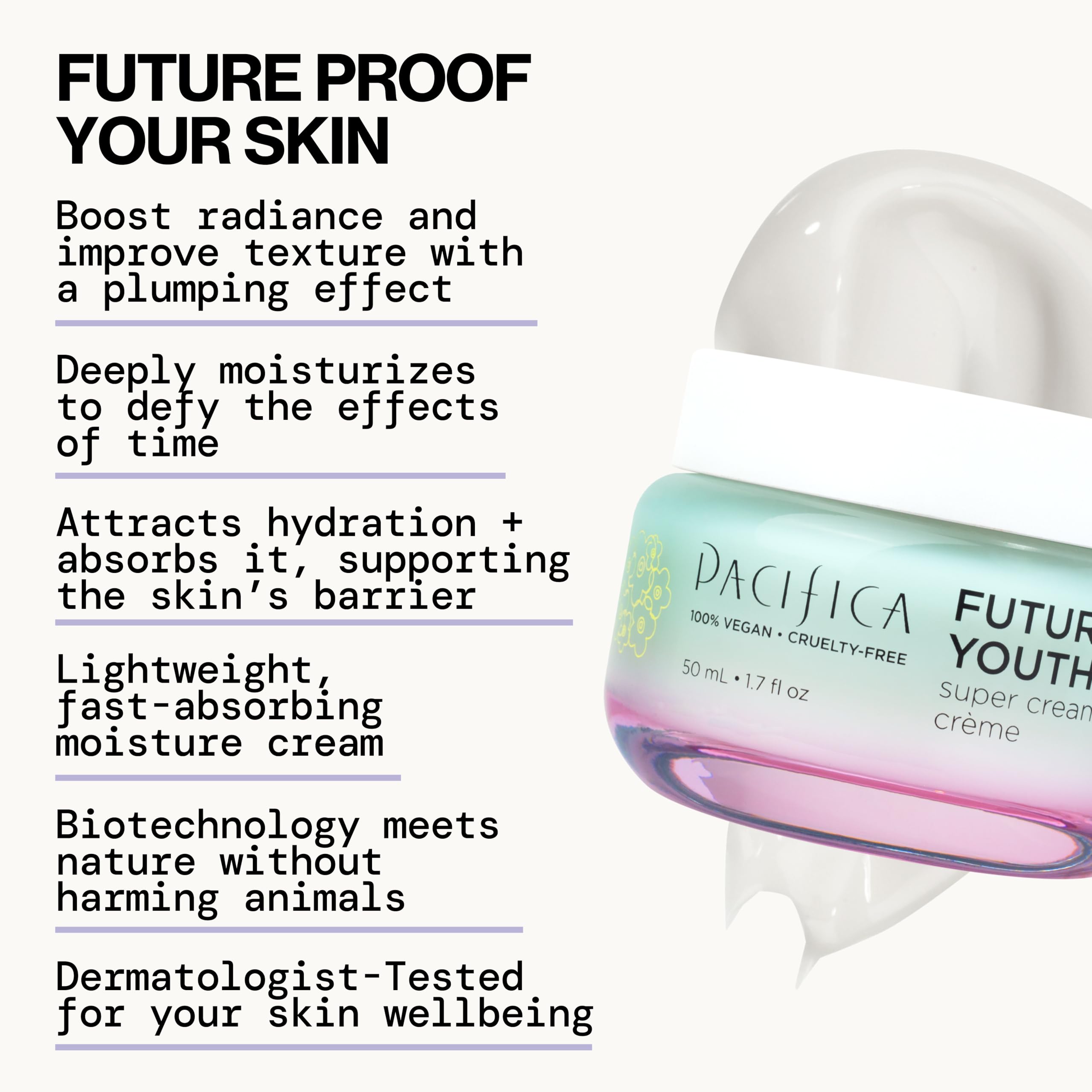 Pacifica Future Youth Super Cream closeup on face shows radiant finish