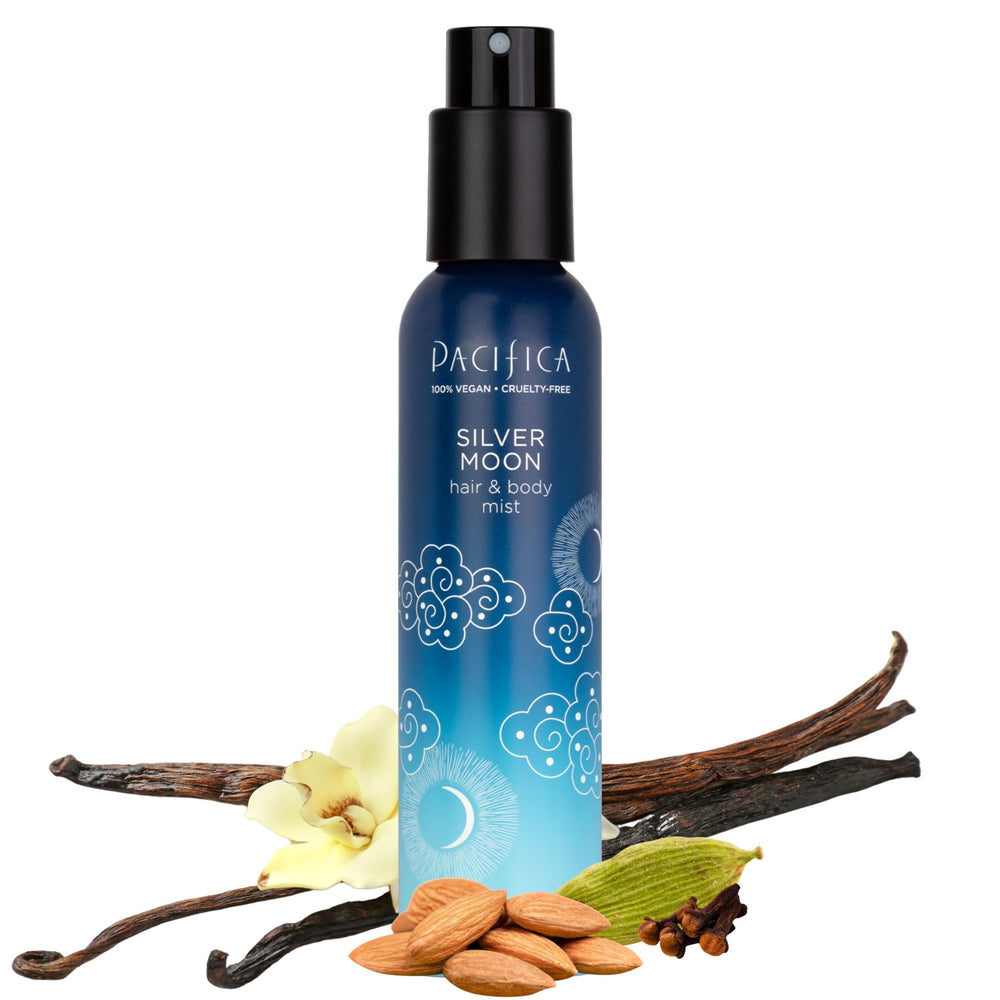 Pacifica Silver Moon bottle pour, showcasing vanilla and almond warmth