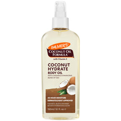 Palmer's Aceite Corporal Coco, botella y atomizador para hidratación rápida.