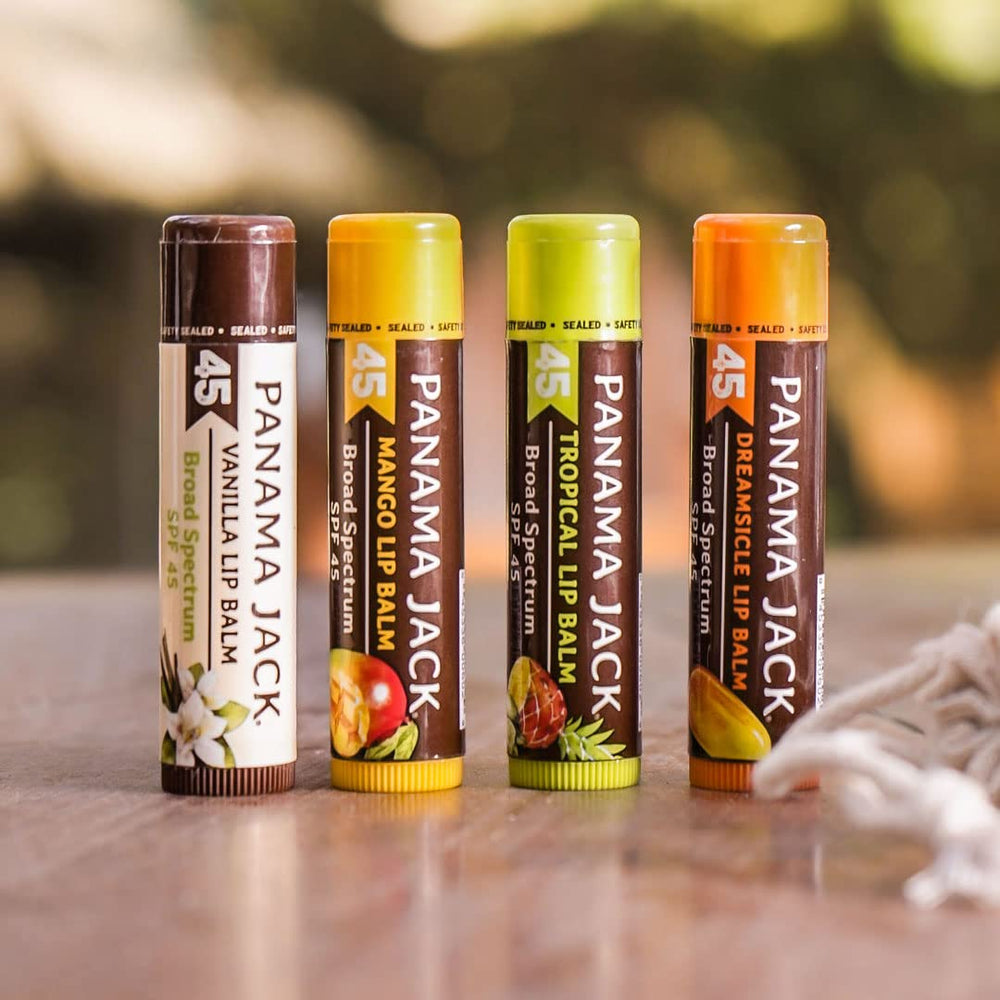 Panama Jack SPF 45 lip balm before-after-use supports sunny-day lip care.