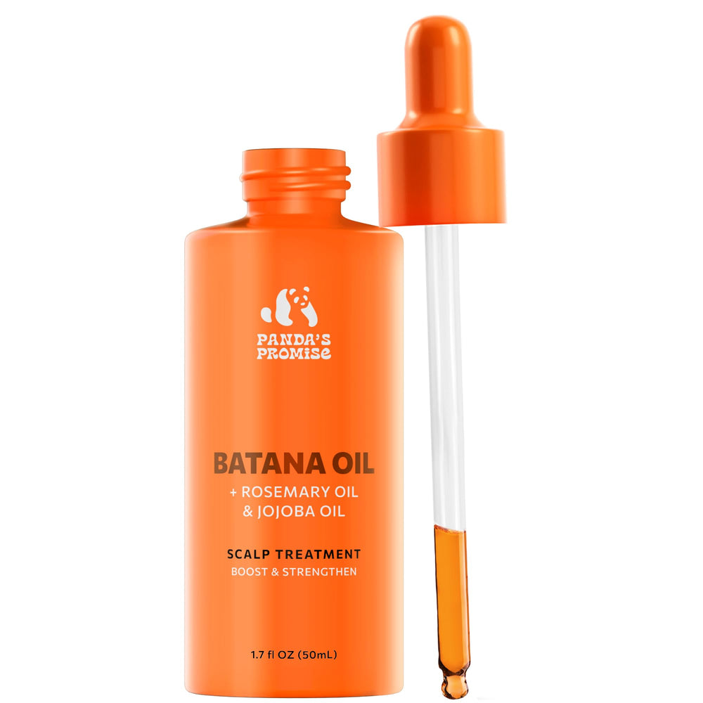 Panda's Promise Batana Oil Frío - botella vertido para hidratación profunda del cabello.