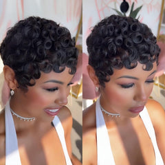 PangDongLai Peluca pixie corto rizado frente, estilo moderno y fácil de usar.