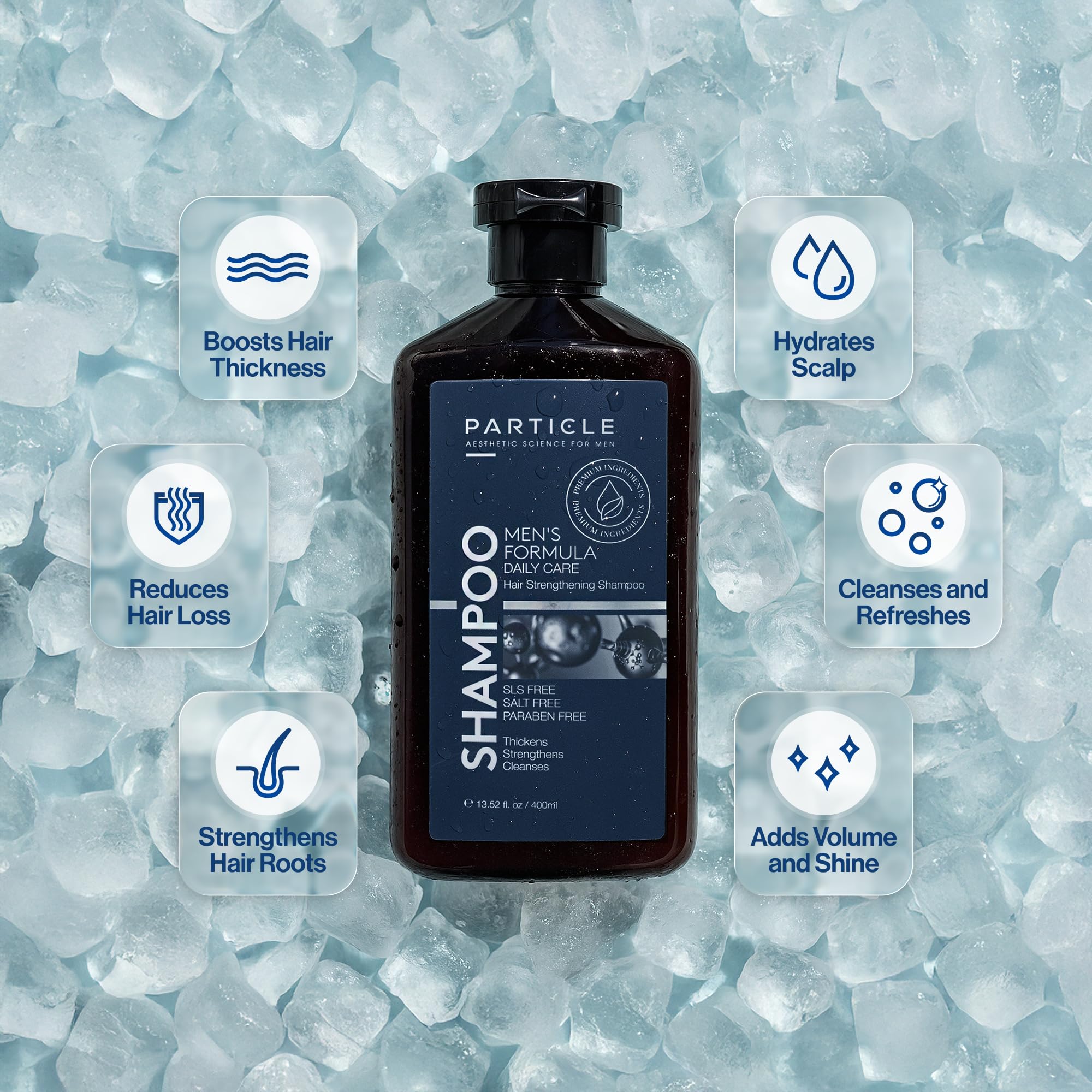 Rich lather from Particle Hair Thickening Shampoo ready to cleanse the scalp