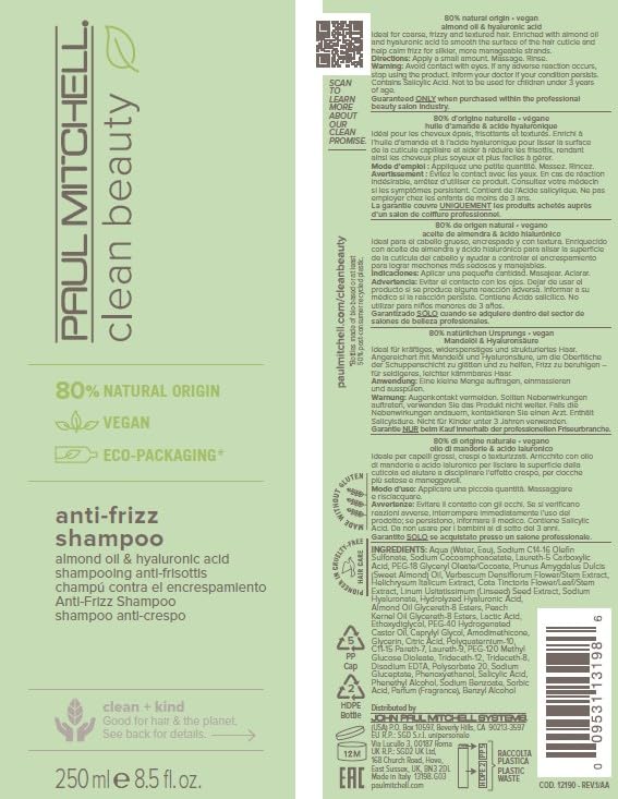 Paul Mitchell Clean Beauty Anti-Frizz Shampoo: envase de plástico biobasado reduce plástico virgen.