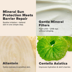 Aplicación diaria en rostro ofrece protección mineral UVA/UVB para piel sensible.