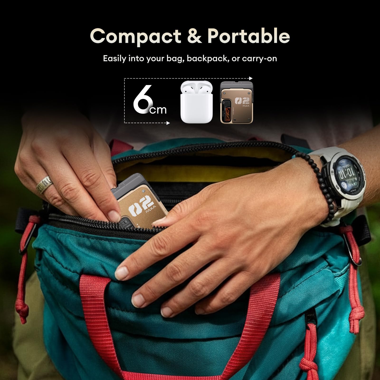 PAXA Mini cabe en bolsillo y estuche para viaje.