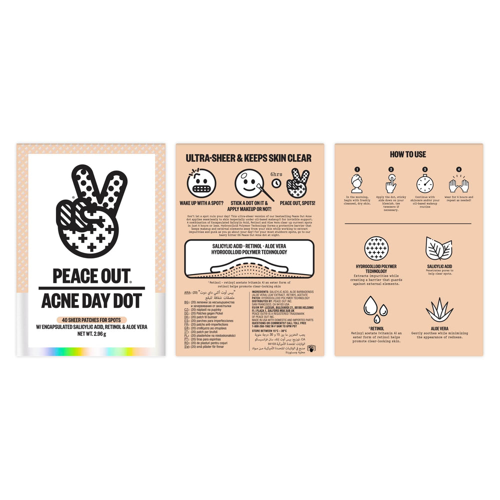 PEACE OUT Day Dot diseño hidrocoloide, absorbe impurezas superficiales sin textura.