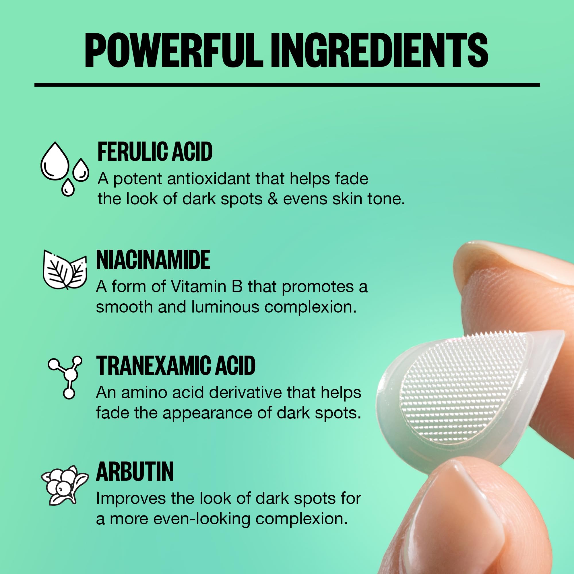 PEACE OUT Dots ferulic acid focus emphasizes antioxidant protection for skin glow.