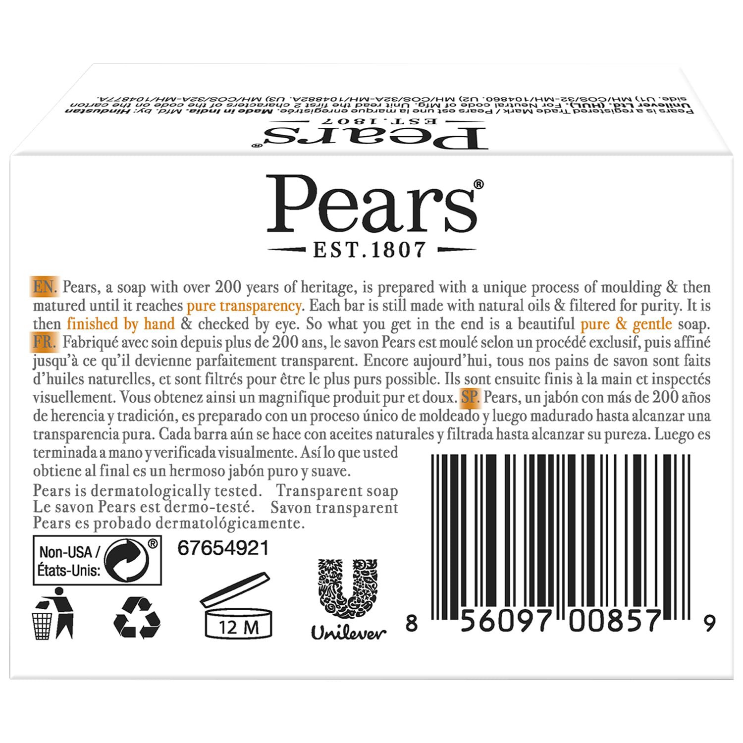 Pears Jabón 6unidades en ámbar transparente, experiencia de ducha prolongada.