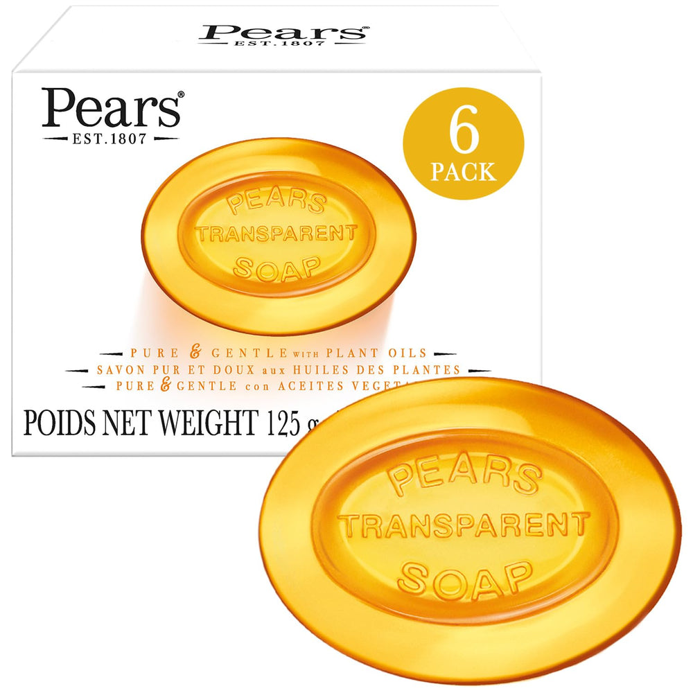 Pears Jabón ámbar transparente con glicerina para piel suave.
