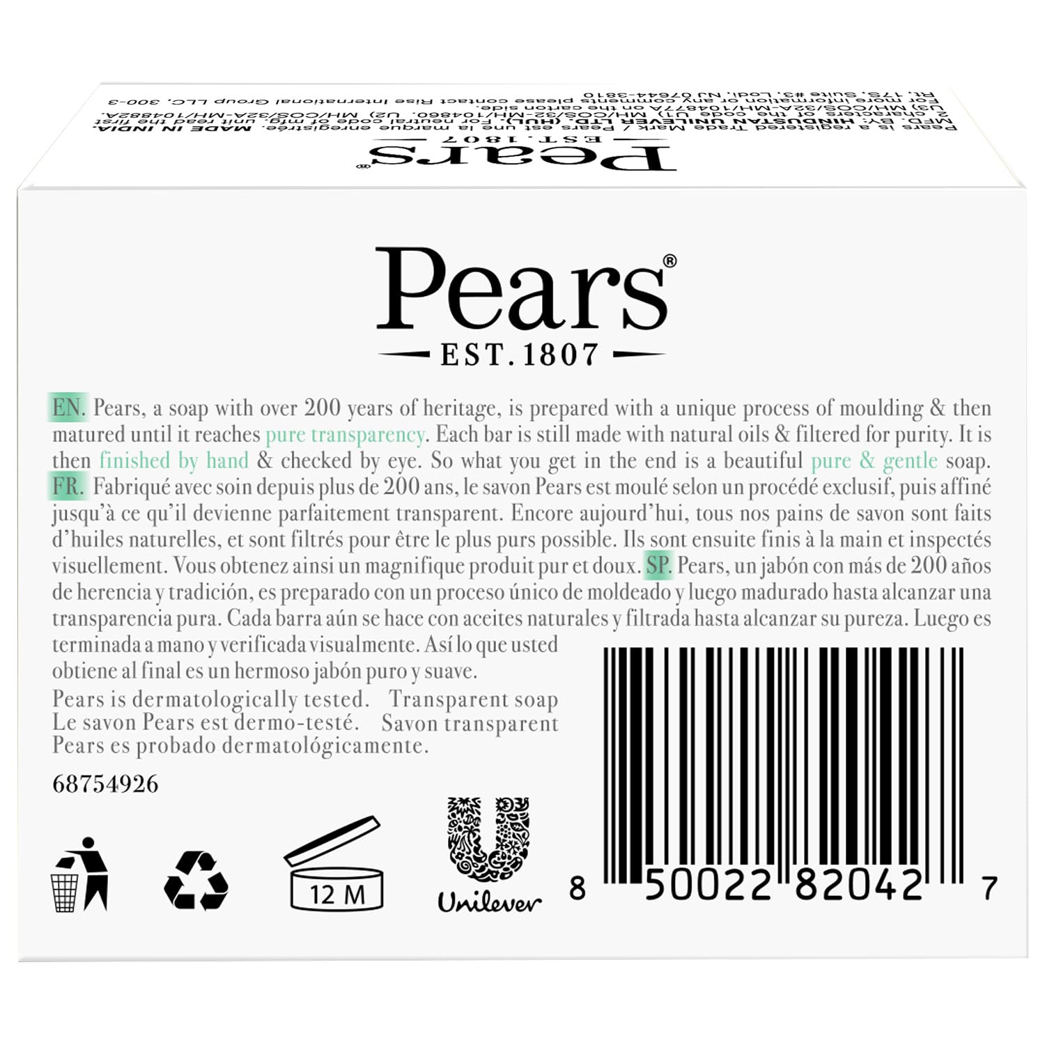 Pears Jabón translúcido verde, dos unidades en empaque práctico para baño.